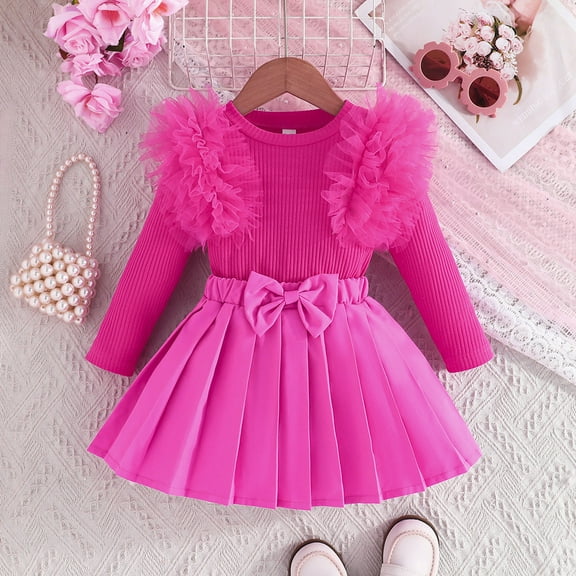 JIAYUE Spring Fall Girls Everyday Sets Solid Color Long Sleeve Round Neck Pull-On Top with Dress For Child Urban Fashion Wear