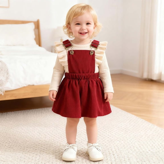 JIAYUE Spring Fall Outfits Sets For Girls Solid Color Long Sleeve Classic Fit Pull-On Crew Neck Ribbed Top and Pinafore Dress For Toddler Chic Modern Mix Match