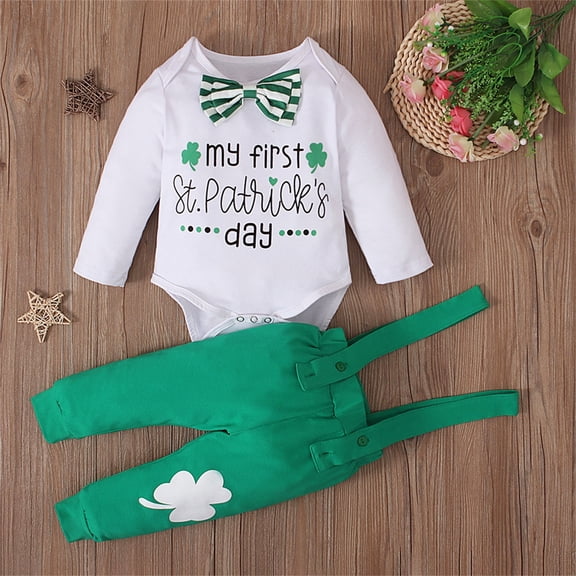 JIAYUE Spring Fall St Patricks Day Outfit Sets For Boys Girls Letter Print Long Sleeve Crew Neck Snap Romper Pants Suspender For Children Casual Dailywear
