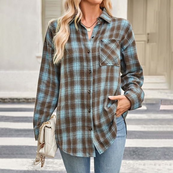 JIAYUE Spring Fall Womens Outerwear Jacket Plaid Long Sleeve Relaxed Fit Button Front Sport Style Collared For Elegant Tops