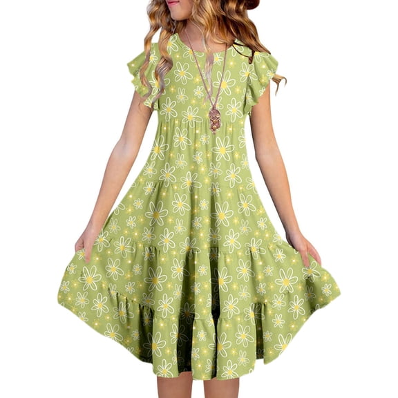 JIAYUE Spring Girls Dresses Floral Crew Neck Short Sleeve Drop Shoulder Peasant Mid Length Elastic For Kids Elastic Dress