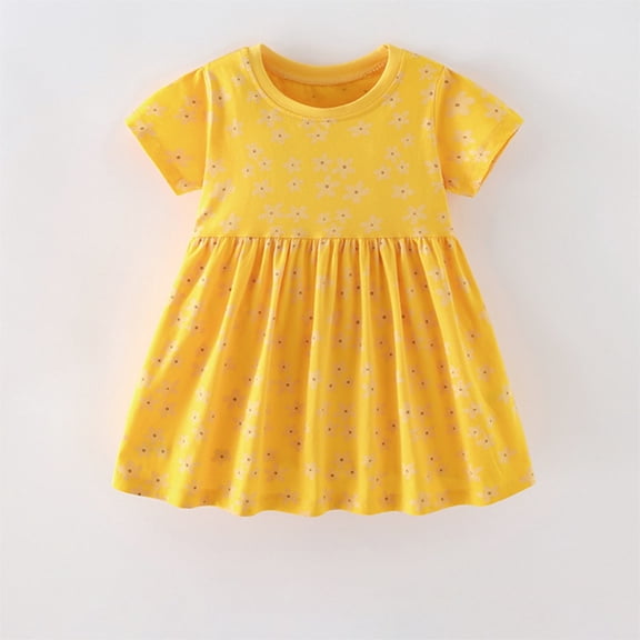 JIAYUE Spring Girls Dresses Floral Short Sleeve Drop Shoulder Round Neck A-Line Mid Length Elastic For Kids Dailywear Dress