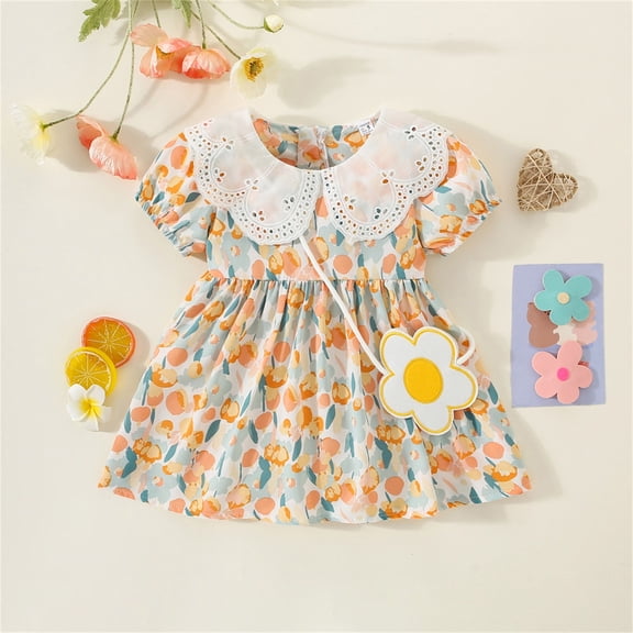 JIAYUE Spring Kids Girls Dresses Floral Round Neck Short Sleeve Drop Shoulder Mid Length Lace Collar Ruffles Shirt Dress For Children Charming Dress