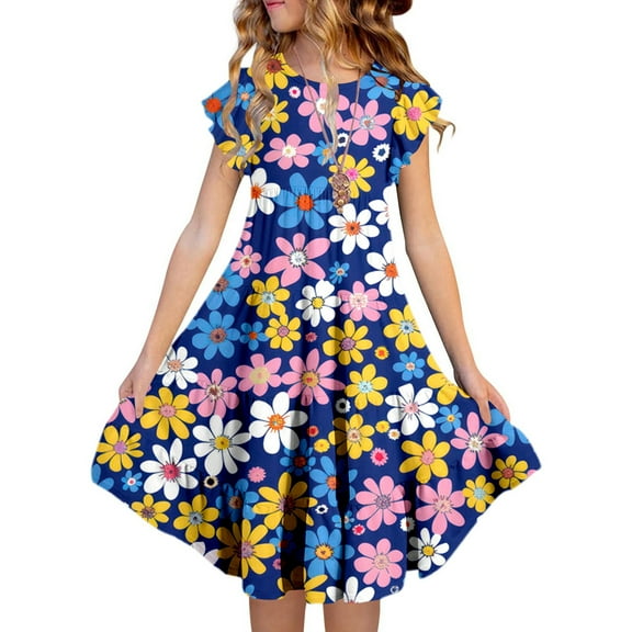 JIAYUE Spring Summer Child Girls Dresses Floral Crew Neck Short Sleeve Drop Shoulder Peasant Mid Length Classic Fit For Teens Everyday Dress
