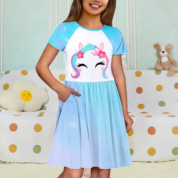 JIAYUE Spring Summer Child Girls Dresses Short Sleeve Cartoon Print Drop Shoulder Crew Neck Shirt Dress Mid Length Relaxed Fit For Teens Casual Holiday Festival Dress