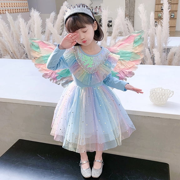 JIAYUE Spring Summer Dresses For Kids Girls Long Sleeve Sequins Crew Neck Drop Shoulder Long Rainbow Mesh Ball Gown For Toddler Breathable Casual Wear