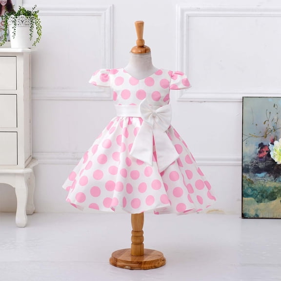 JIAYUE Spring Summer Dresses For Kids Girls Short Sleeve Polka Dots Crew Neck Drop Shoulder Mid Length Performance Gown A-Line For Toddler Casual Dress