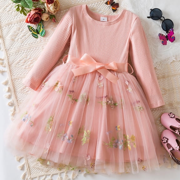 JIAYUE Spring Summer Girls Dresses Floral Crew Neck Long Sleeve Drop Shoulder Mid Length Embroidered A-Line For Kids Seasonal Dress