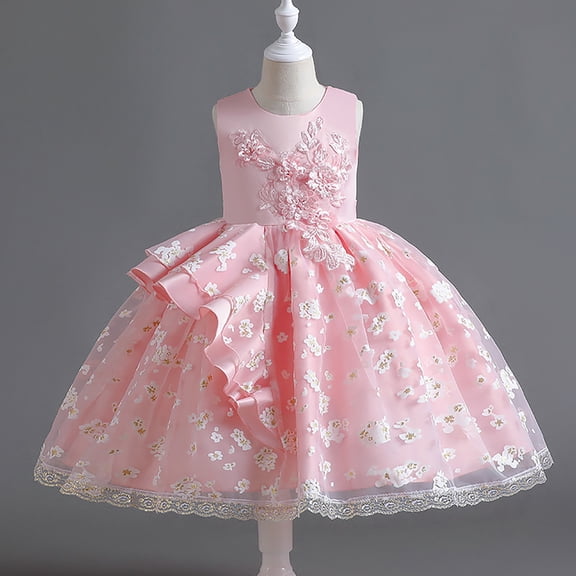 JIAYUE Spring Summer Girls Dresses Floral Round Neck Sleeveless Mid Length Elegant Embroidered Ball Gown For Kids Holiday Festival Celebration Dress