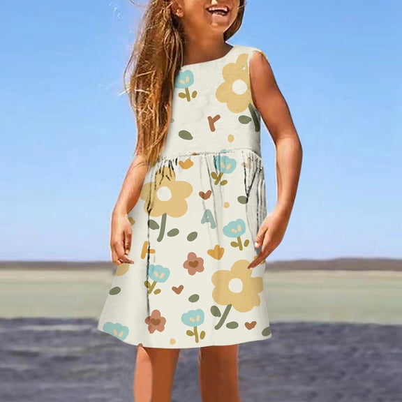 JIAYUE Spring Summer Girls Dresses Floral Round Neck Sleeveless Mid Length Soft Comfy Classic Fit Shift For Child Breathable Dress