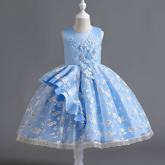 JIAYUE Spring Summer Girls Dresses Sleeveless Floral Crew Neck Mid Length Elegant Embroidered Ball Gown For Kids Stylish Holiday Festival Celebration