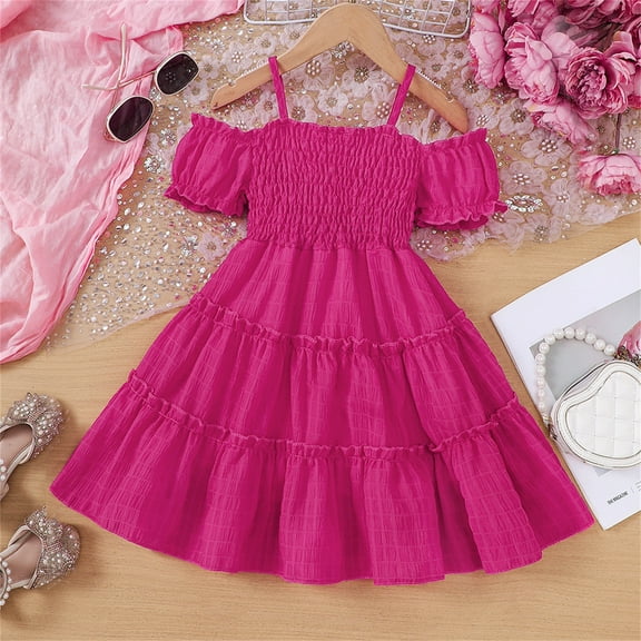 JIAYUE Spring Summer Girls Dresses Solid Color Square Neckline Short Sleeve Off the Shoulder Mid Length Tutu Ruffles A-Line For Child Everyday Dress