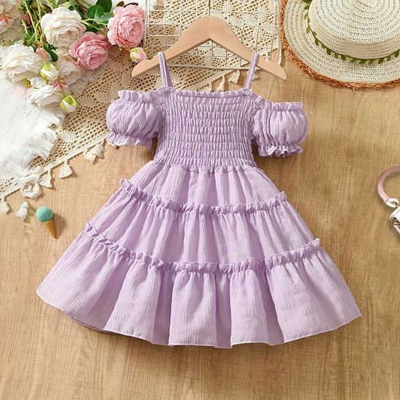 JIAYUE Spring Summer Girls Dresses Solid Color Square Neckline Short Sleeve Off the Shoulder Mid Length Tutu Ruffles A-Line For Child Everyday Dress