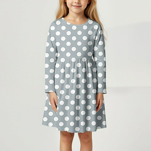 JIAYUE Spring Summer Kids Girls Dresses Polka Dots Crew Neck Long Sleeve Drop Shoulder Popover Mid Length Simple For Child Casual Playwear