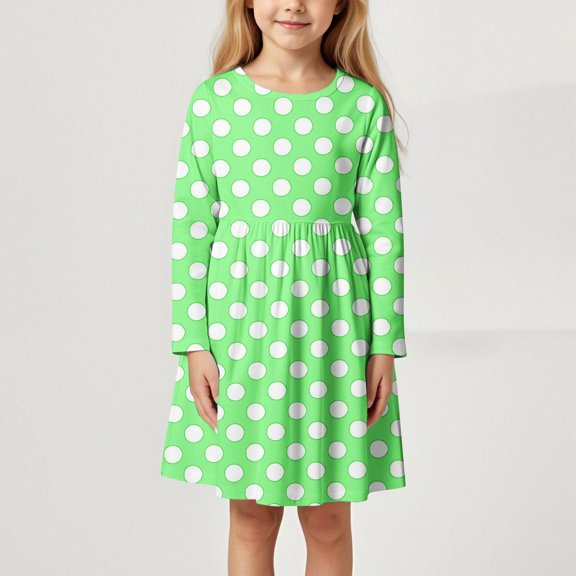 JIAYUE Spring Summer Kids Girls Dresses Polka Dots Crew Neck Long Sleeve Drop Shoulder Popover Mid Length Simple For Child Play Dress