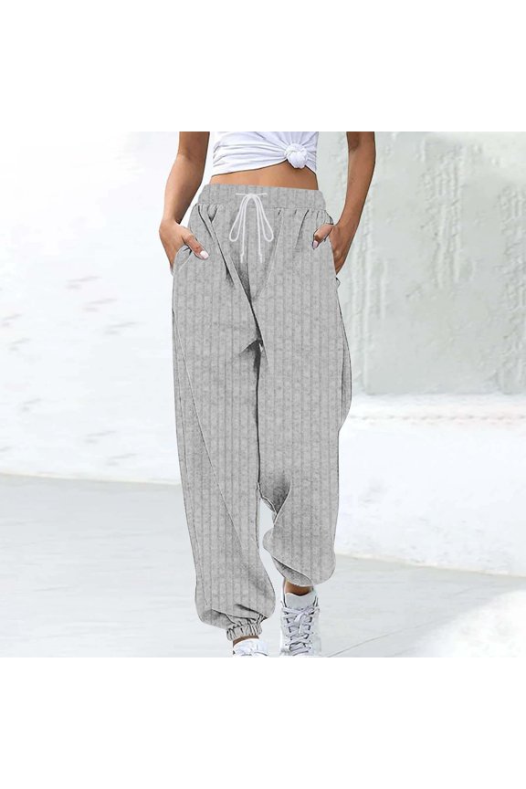 Spring Trousers For Women Girlfriend Ribbed Mid Waisted Wide-Leg Long Solid Color For Women Relaxed Fit Everyday Slacks