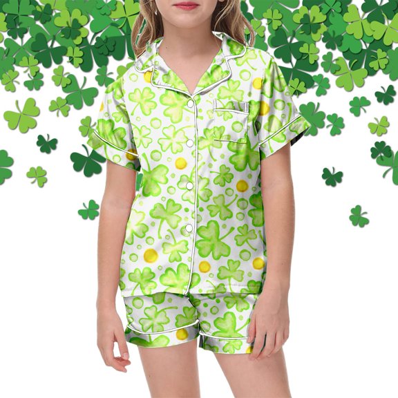 JIAYUE St Patricks Day Girls Outfit Sets Cartoon Print Short Sleeve Collared Button Blouse Shorts Snug Comfy For Children Stylish Playwear