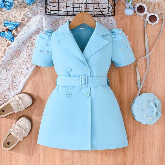 JIAYUE Suit Spring Kids Girls Dresses Solid Color Short Sleeve Drop Shoulder Collared Tunic Mid Length Button with Belt For Child Casual Party Celebration