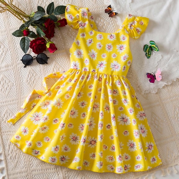 JIAYUE Summer Child Girls Dresses Floral Square Neckline Sleeveless Mid Length Lightweight A-Line For Teens Stylish Casual Dress
