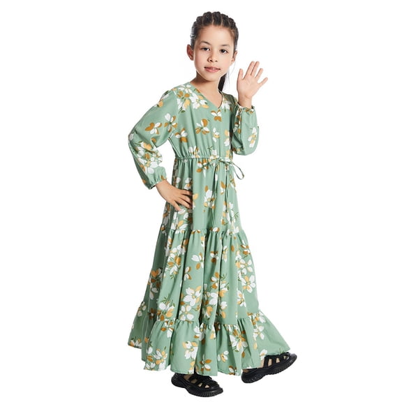 JIAYUE Summer Dresses For Girls Long Sleeve Floral Drop Shoulder Crew Neck Maxi Loose Fit Comfy Soft Peasant For Toddler Stylish Vacation Wear