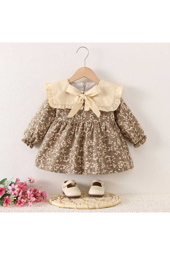 Summer Dresses For Girls Crew Neck Floral Long Sleeve Drop Shoulder Collared A-Line Peter Pan Collar Mid Length For Toddler Fashionable Celebration Dresses