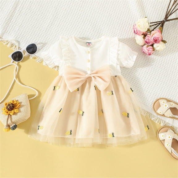 JIAYUE Summer Dresses For Girls Short Sleeve Cartoon Print Drop Shoulder Crew Neck Mid Length Bow Ruffled Sleeves Tulle Tutu Twofer For Children Vacation Dress