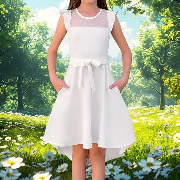 JIAYUE Summer Girls Dresses Solid Color Sleeveless Round Neck A-Line Mid Length Elegant Ruffled Dress For Kids Playwear Style