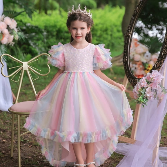 JIAYUE Summer Kids Girls Dresses Color Blocking Round Neck Short Sleeve Drop Shoulder Long Rainbow Tulle Ruffled Sleeves High-Low For Child Breathable Dress