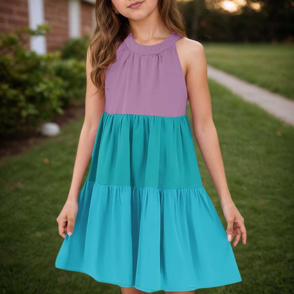 JIAYUE Summer Kids Girls Dresses Color Blocking Sleeveless Round Neck Sundress Mid Length Elastic For Child Party Celebration Wear