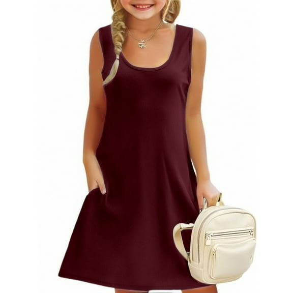 JIAYUE Summer Kids Girls Dresses Solid Color Sleeveless Scoop Neck A-Line Mid Length with Pockets For Child Celebration Dress