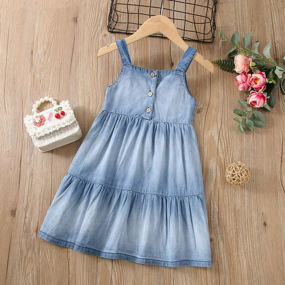JIAYUE Summer Kids Girls Dresses Solid Color Square Neckline Sleeveless Mid Length Denim Shirt Dress A-Line For Children Vacation Wearing Dress