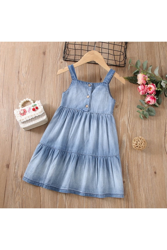 Summer Kids Girls Dresses Solid Color Square Neckline Sleeveless Mid Length Denim Shirt Dress A-Line For Children Vacation Wearing Dress