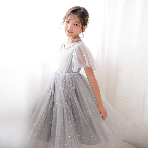 JIAYUE Summer Kids Girls Dresses Solid Color V-Neck Short Sleeve Drop Shoulder Long Elegant A-Line Ball Gown For Children Breathable Dress
