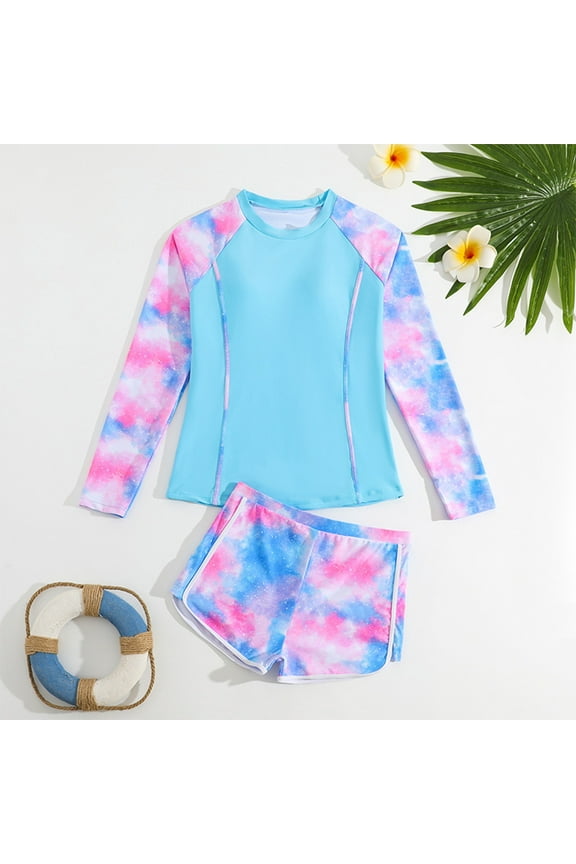 Summer Swimsuits For Girls Set Tie Dye Long Sleeve Drop Shoulder Crew Neck Adaptable Stretchy Bikinis Shorts Patchwork For Child Fashion Swimwear
