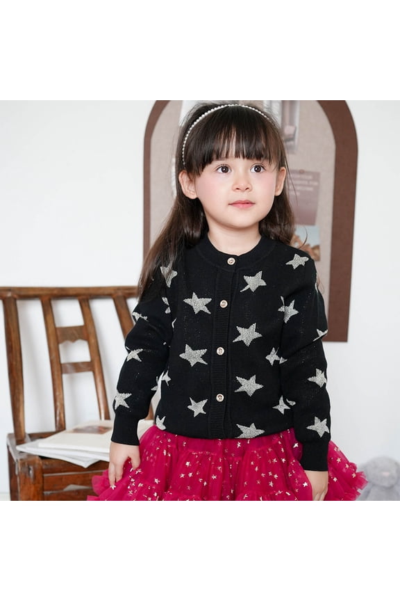 Sweater For Girls Long Sleeve Star Jacquard Knitted Cardigan With Button For Toddlers 2 To 8 Years Old Cozy Casual