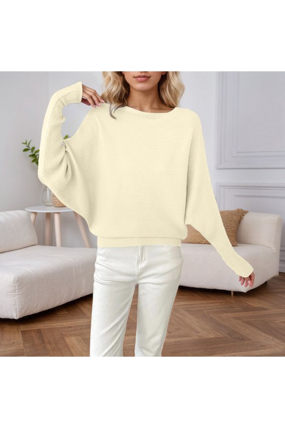 Sweater For Women Solid Color Long Sleeve Boat Neck Relaxed Fit Batwing Sleeves Sweater Pullover For Ladies Casual Sweater