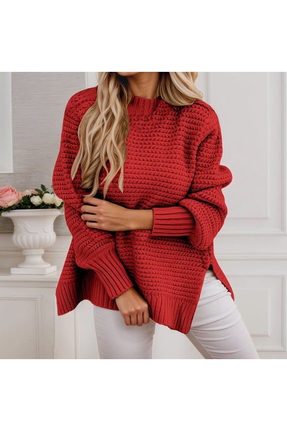 Sweater For Women Solid Color Long Sleeve Mock Neck Relaxed Fit Side Slit Hem Knitwear Pullover For Ladies Elegant Base Layer