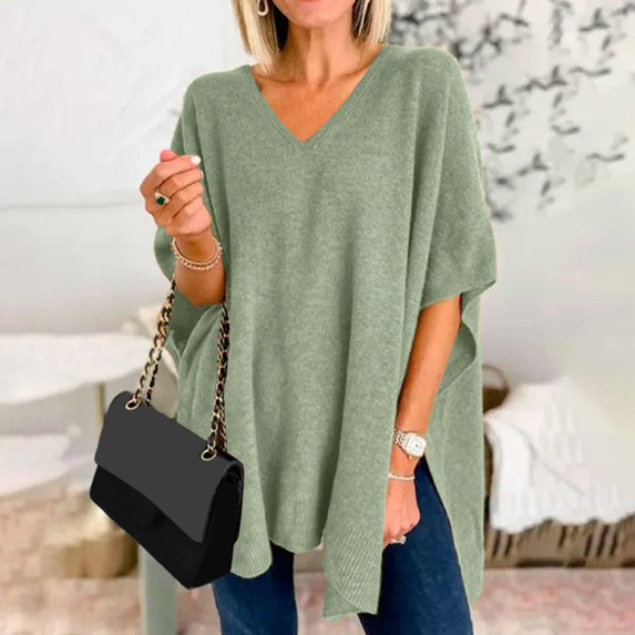 JIAYUE Sweaters For Women Solid Color Elbow-Length Drop Shoulder V-Neck Oversized Pullover For Women Soft Fashion
