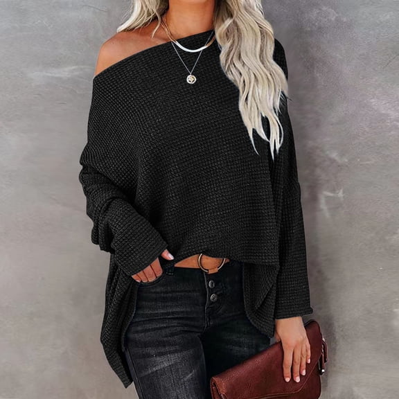 JIAYUE Sweaters For Women Solid Color Long Sleeve Drop Shoulder Boat Neck Relaxed Fit Pullover For Women Cozy Seasonal