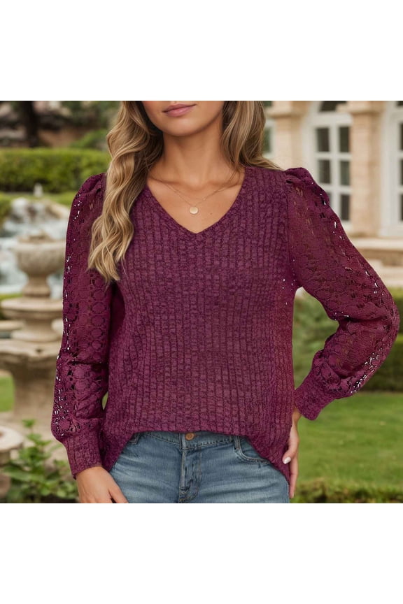 Sweaters for Women Lace Detail V Neck Long Sleeve Waist Defining Solid Color For Ladies Trendy Apparel