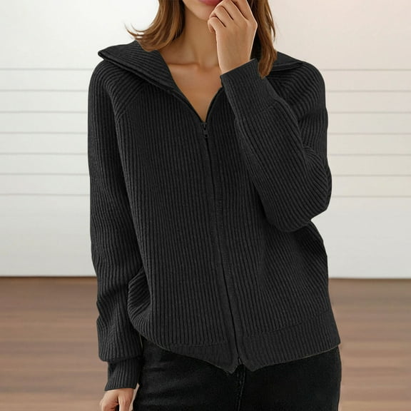JIAYUE Sweaters for Women Ribbed Texture Cardigan Zip Up Front Long Sleeve Collar Loose Fit For Ladies Cozy Winter Apparel