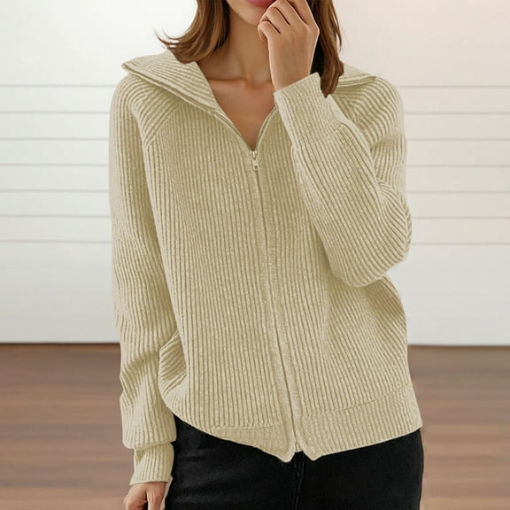 JIAYUE Sweaters for Women Ribbed Texture Cardigan Zip Up Front Long Sleeve Collar Loose Fit For Ladies Cozy Winter Apparel