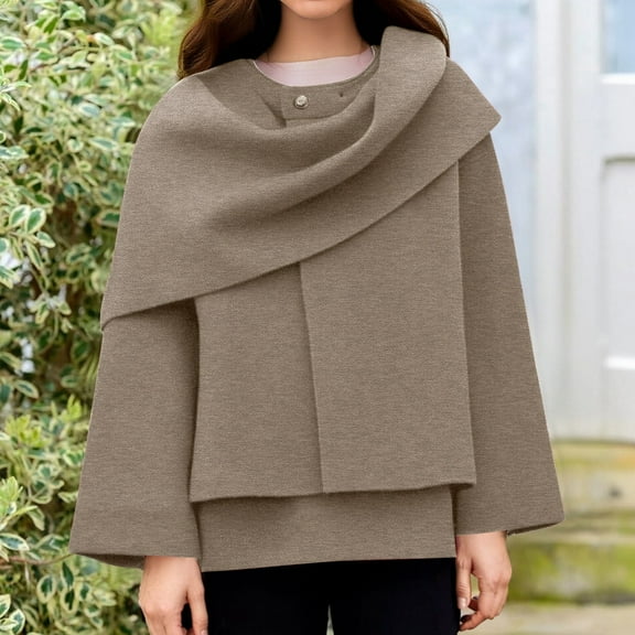 JIAYUE Sweaters for Women Short Knitted Coat Solid Color Asymmetrical Scarf Collar Round Neck For Ladies Fashion Outerwear