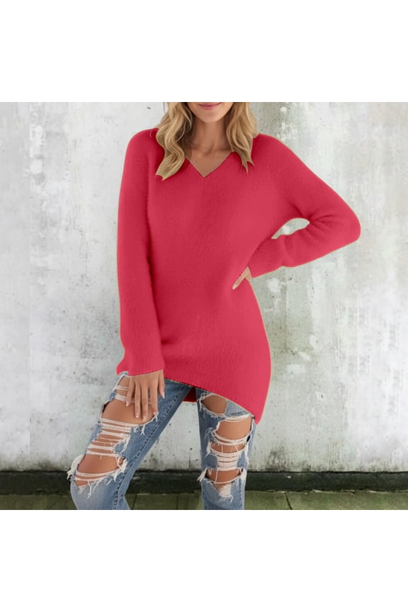 Sweaters for Women Winter Warm Pullover Solid Color V Neck Long Sleeve Thick For Ladies Cozy Cold Weather Wear