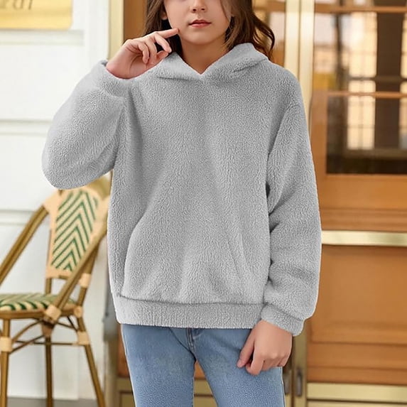 JIAYUE Sweatshirts Hoodies For Girls Solid Color Long Sleeve Casual Plain Warm Pullover Top With Pockets For Kids 4 To 15 Years Old Fall Winter Outfit