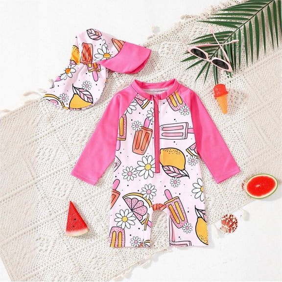 JIAYUE Swimsuit Bodysuit For Girls Cartoon Long Sleeve Drop Shoulder Collared Zipper One-Piece Shorts with Hat For Toddler Stylish Playwear