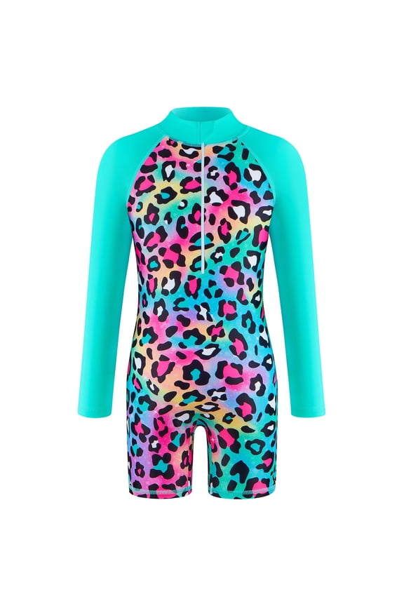 Swimsuit Bodysuit For Toddler Girls Leopard Print Long Sleeve Drop Shoulder Collared Zipper One-Piece Shorts Sunproof For Young Girls Fashion Swim Wear