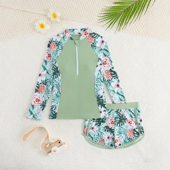 JIAYUE Swimsuit For Girls Set Floral Long Sleeve Bikini Zipper Collared Cover Up Patchwork Sunproof For Children Durable Beach Wear