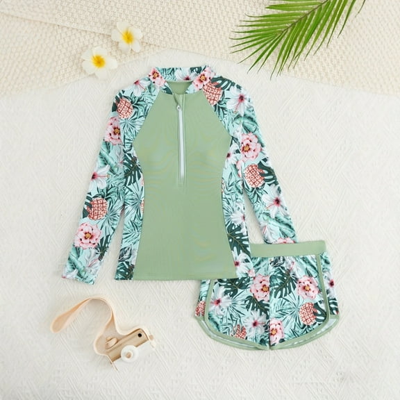 JIAYUE Swimsuit For Girls Set Floral Long Sleeve Bikini Zipper Collared Cover Up Patchwork Sunproof For Children Durable Beach Wear