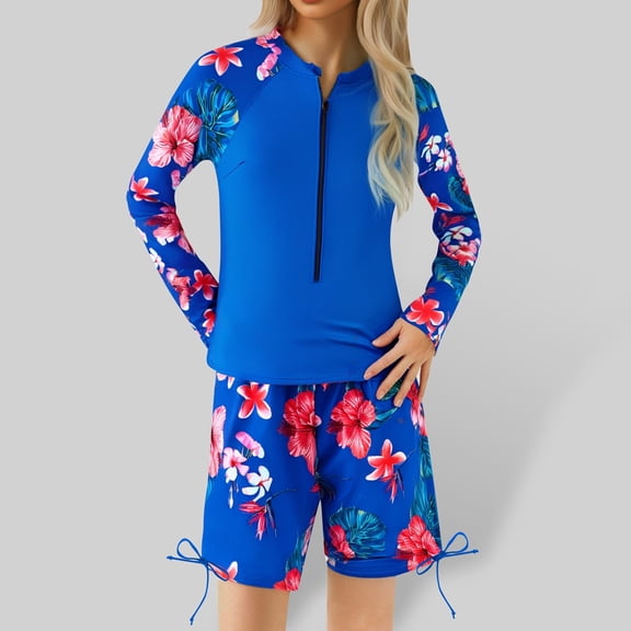 JIAYUE Swimsuit Set For Children Girls Floral Long Sleeve Drop Shoulder Collared Zipper Two-Piece Sets Shorts Sportwear For Little One Breathable Playwear